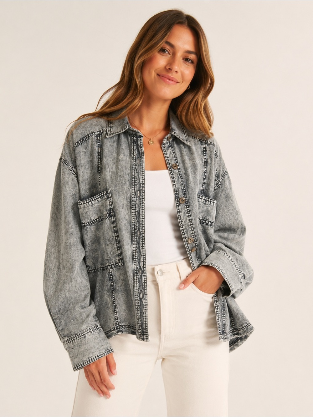 eesome Acid Wash Button Down Denim Shirt